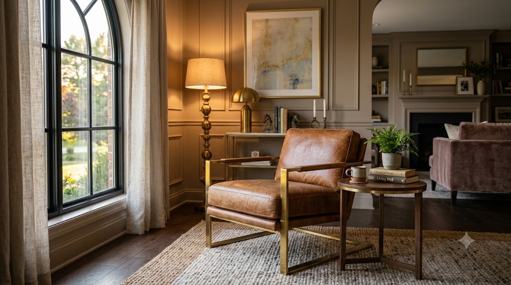 Leather & Brass Accent Chair Reading Nook